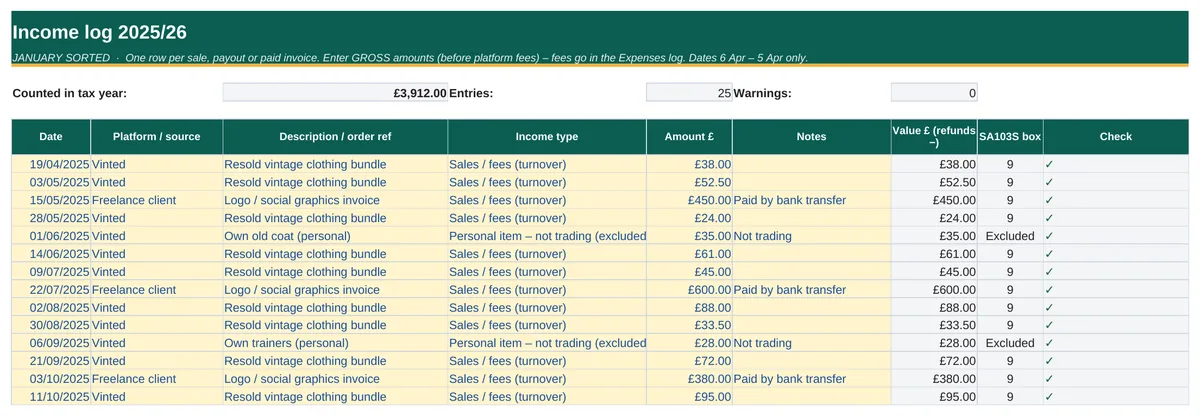 Spreadsheet screenshot: Log every sale in seconds